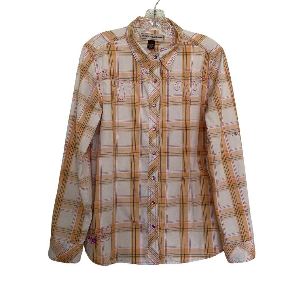BIT & BRIDLE Women's L  Plaid Embroidered Pearl Snap Shirt Cowgirl Rodeo Western